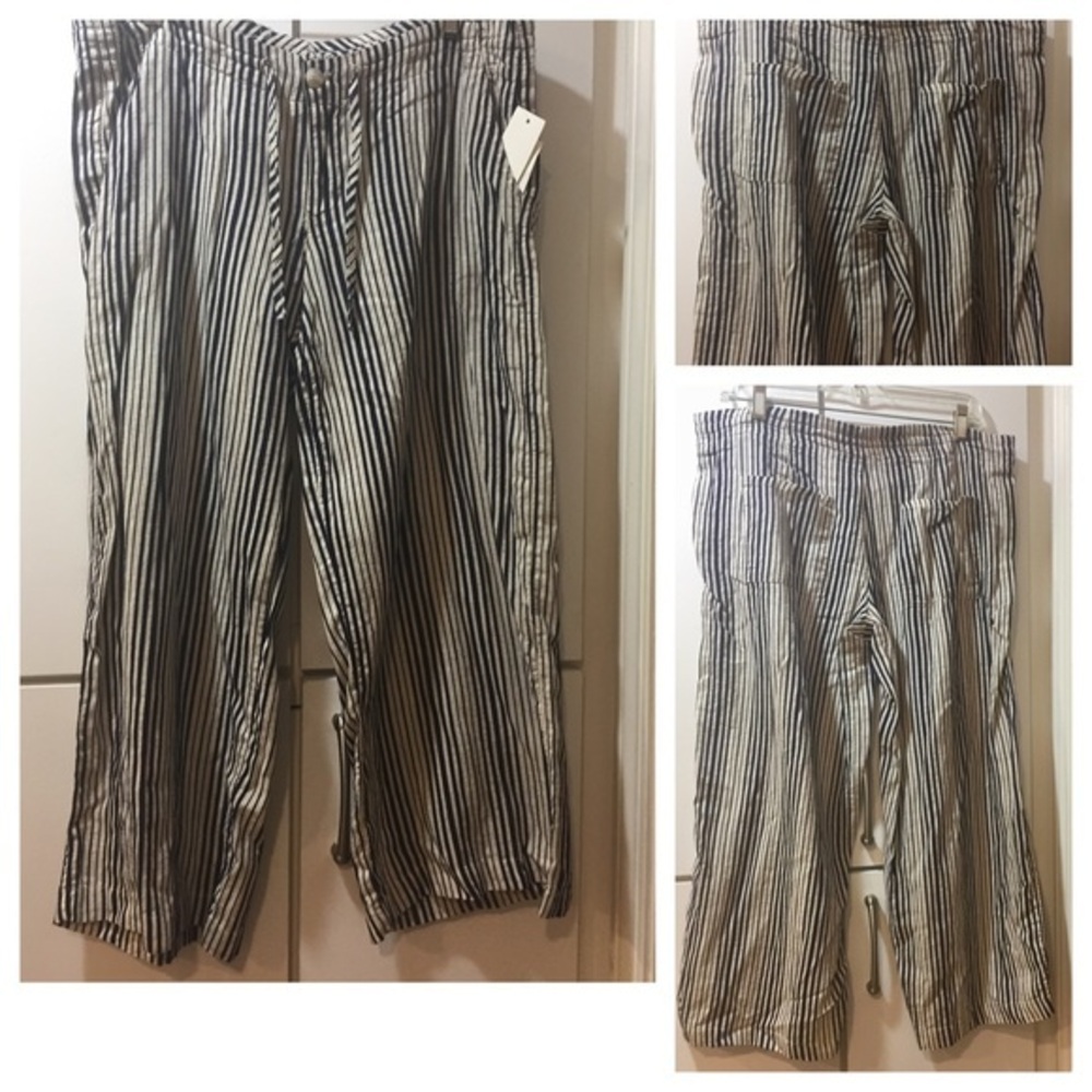JUST living Linen Blend Wide Leg Stripe Pants Black &Tan - Med NWT